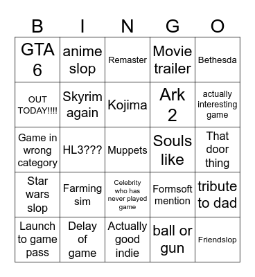 Game Awards Bingo Card