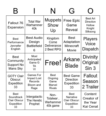 Game Awards Bingo Card