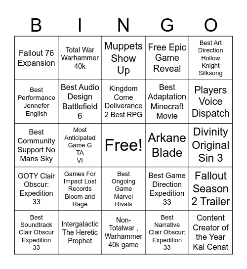 Game Awards Bingo Card