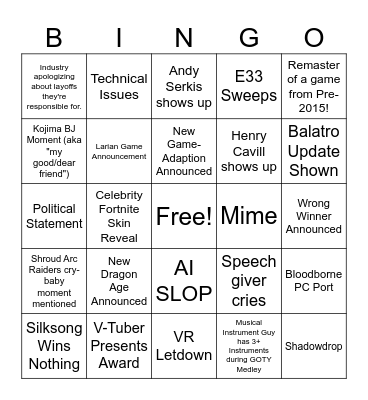Game Awards Bingo Card