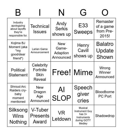 Game Awards Bingo Card