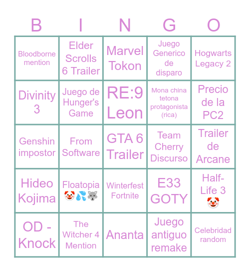 Bingo de los Game Awards Bingo Card
