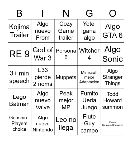 TGA Bingo Card
