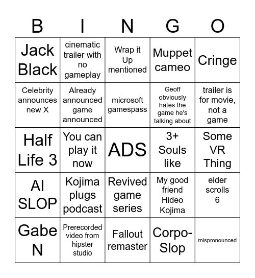 Game awards Bingo Card
