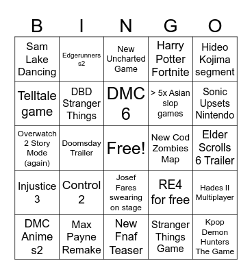 TGA Bingo Card