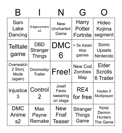 TGA Bingo Card