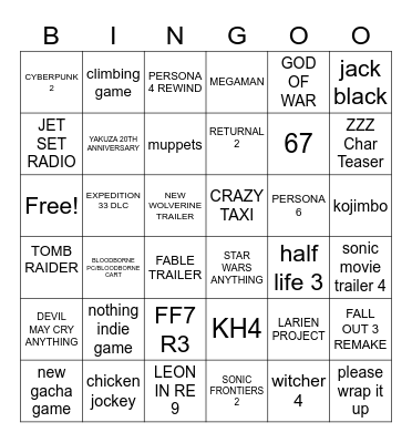 Game Awards Announcement Bingo Card