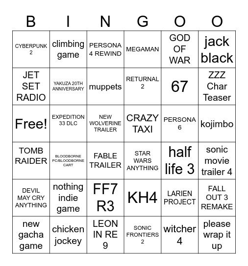 Game Awards Announcement Bingo Card