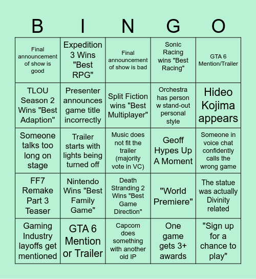 The Game Awards 2025 Bingo Card