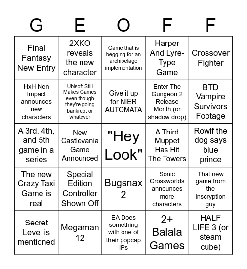 The Game Awards 2025 (Real) Bingo Card