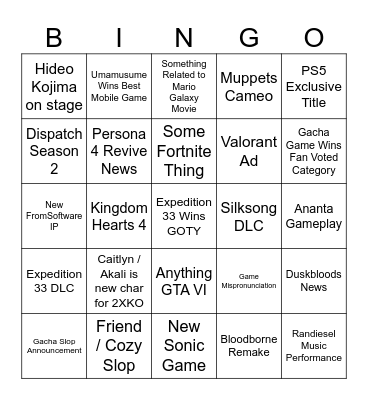 The Game Awards 2025 Bingo Board Bingo Card