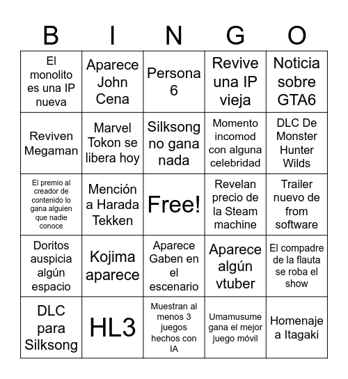 TGA Chunni Bingo Card