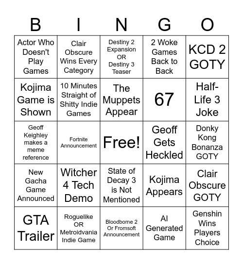 The Game Awards Bingo Card
