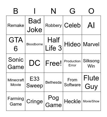 Game Awards Bingo Card