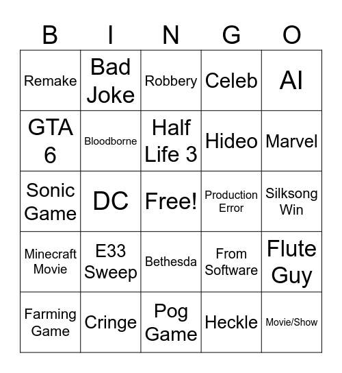 Game Awards Bingo Card