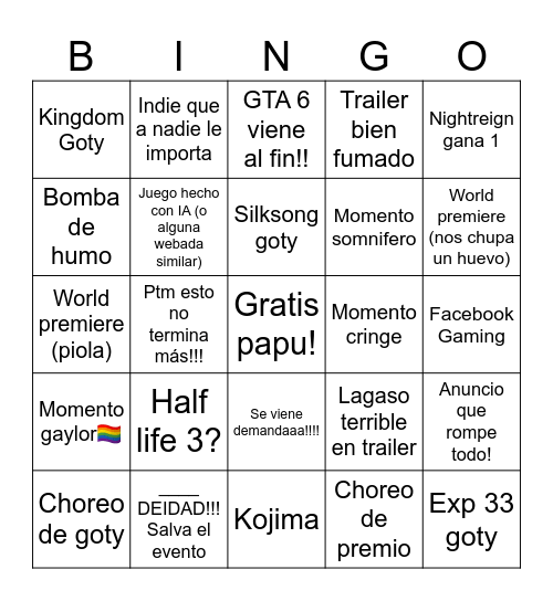 Bingo del game awards Bingo Card