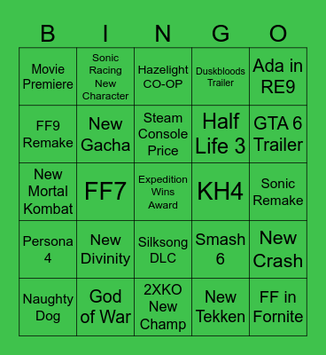Game Awards 2025 Bingo Card