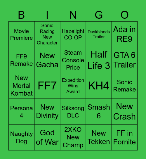 Game Awards 2025 Bingo Card