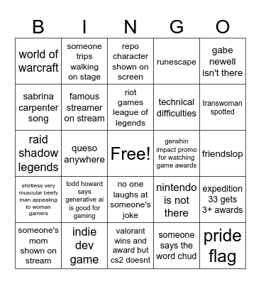 game awards bingo Card