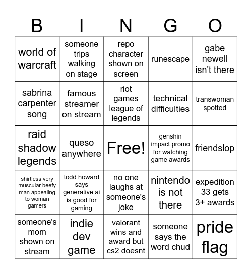 game awards bingo Card