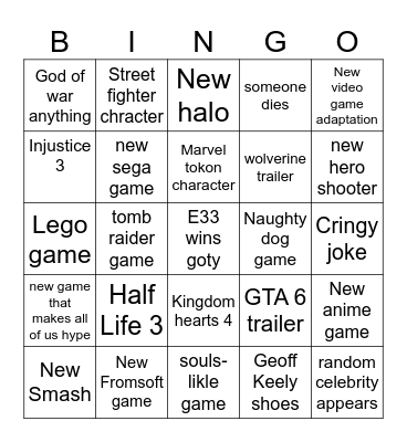 Game Awards Bingo Card