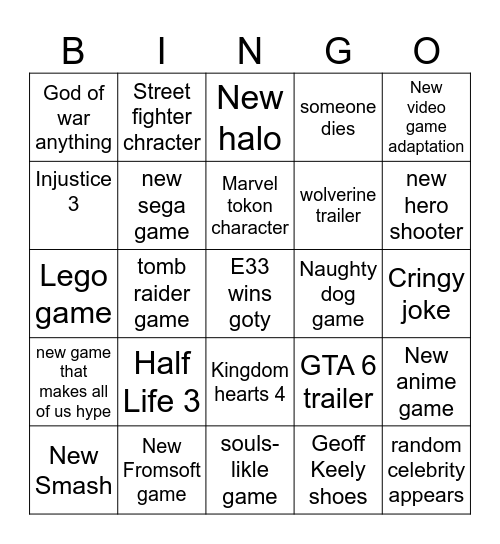 Game Awards Bingo Card