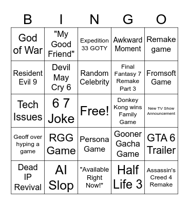 Game Awards 2025 Bingo Card