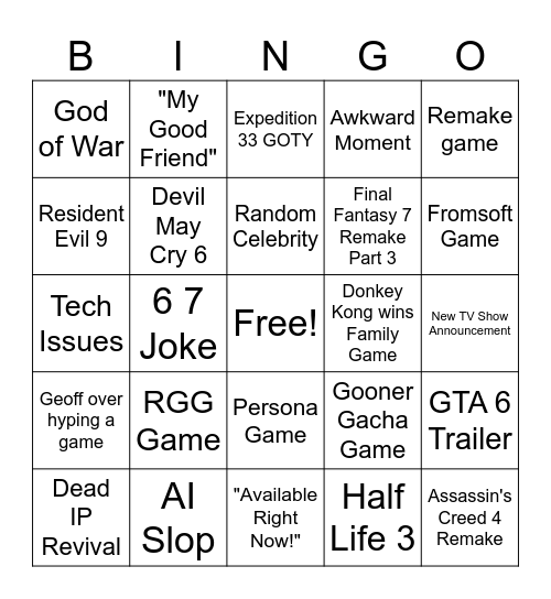 Game Awards 2025 Bingo Card