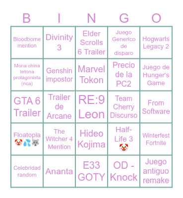 Bingo de los Game Awards Bingo Card