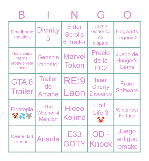 Bingo de los Game Awards Bingo Card