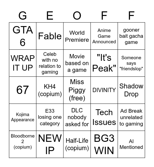 The Game Awards 2025 Bingo Card