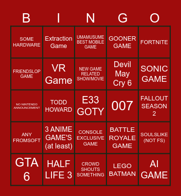 Game Awards Bingo Card