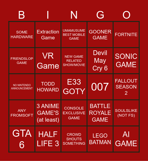 Game Awards Bingo Card