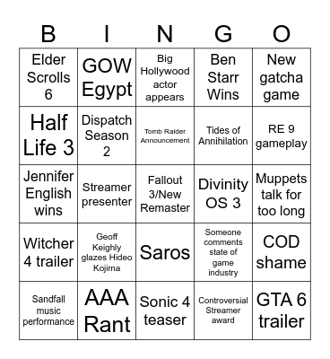 Game Awards Bingo Card