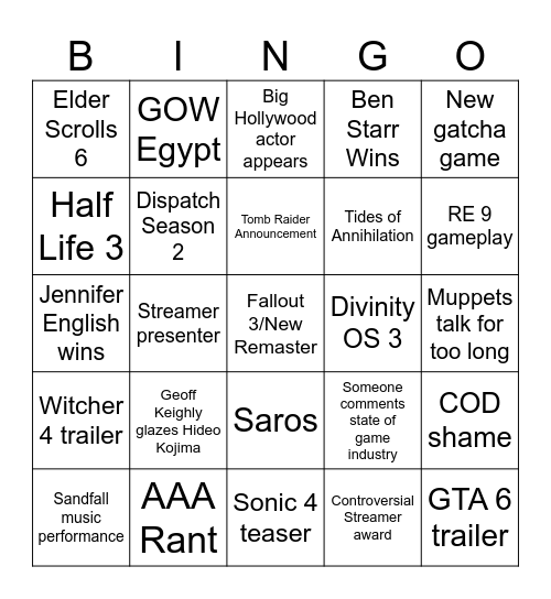 Game Awards Bingo Card