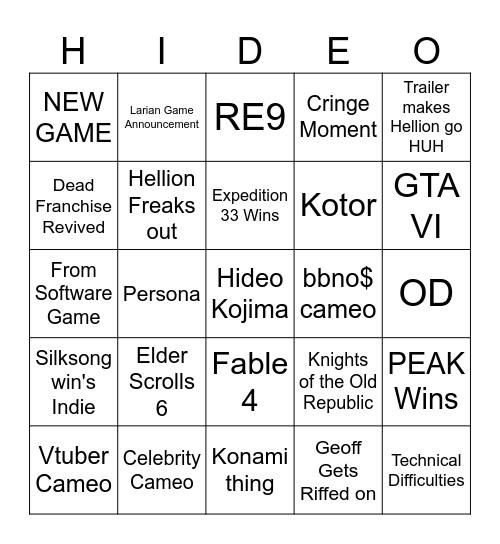 Game Awards Bingo Card