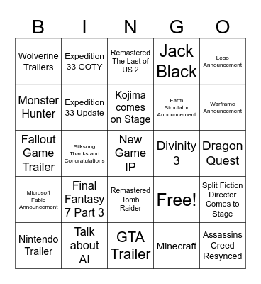 Game Awards Bingo Card