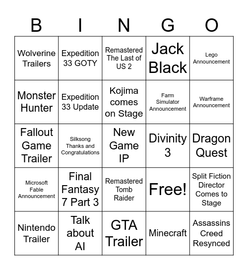 Game Awards Bingo Card