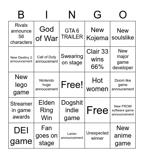 Game Awards Bingo Card