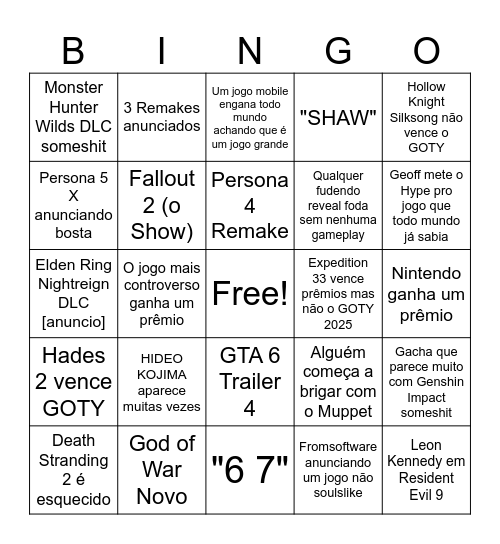 The Game Awards 2025 Bingo Card