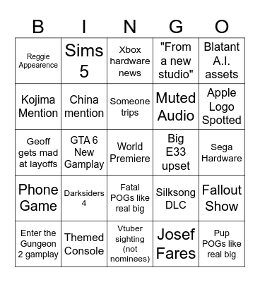 Game Awards Bingo Card