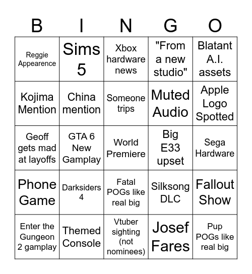 Game Awards Bingo Card