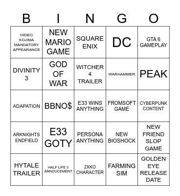 GAME AWARDS 2025 Bingo Card