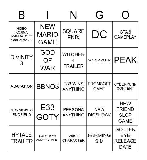 GAME AWARDS 2025 Bingo Card