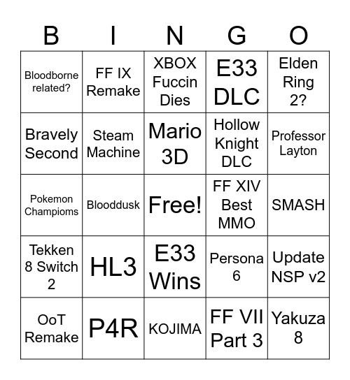 Game Awards Bingo Card