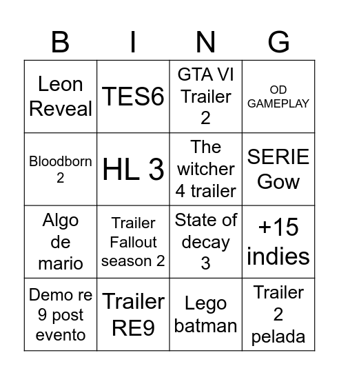GOTY 2025 Bingo Card