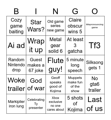 Game awards Bingo Card