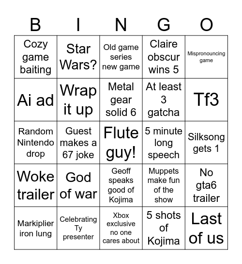 Game awards Bingo Card