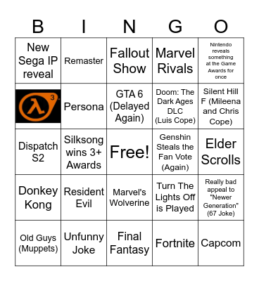 Game Awards Bingo Card