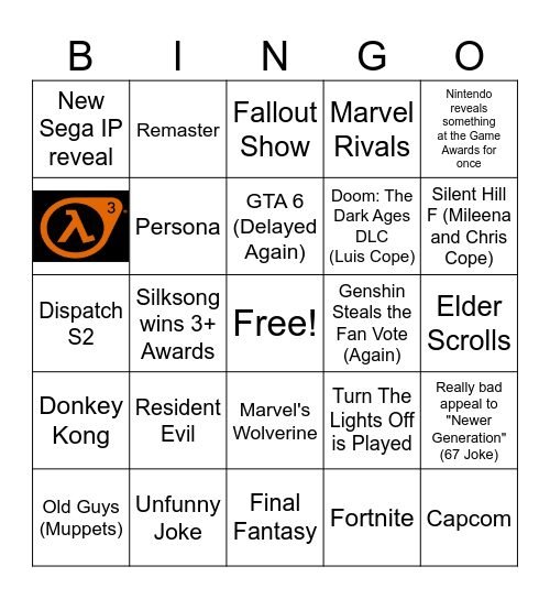 Game Awards Bingo Card